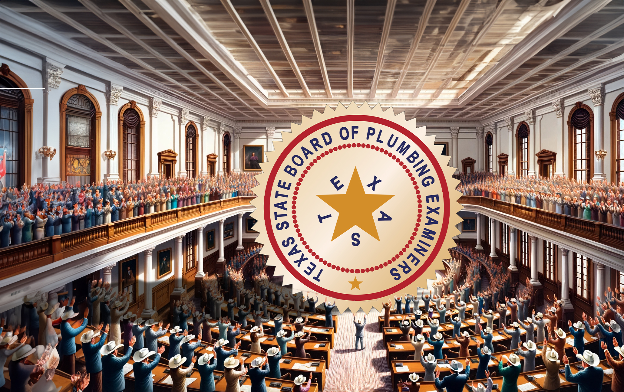 Texas Legislature giving a standing ovation to the TSBPE logo.